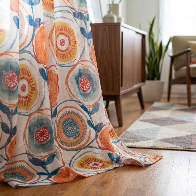 Circle Dance Multicolour Red Mid Century Modern Floral Voile Curtain 1