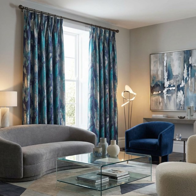 Éblouissante Broderie Luxe Jacquard Turquoise & Bleu Rideau Abstrait 1