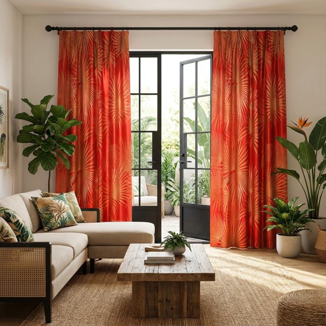 Fan Palm Silhouette Rouge Satin Tropical Feuilles Rideau 1