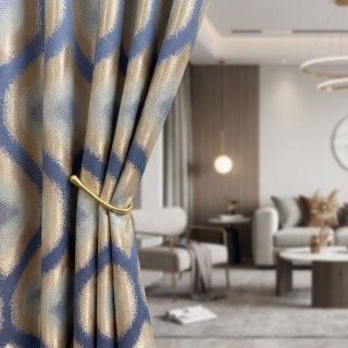 Ikat Ogee Luxury Jacquard Bleu et Or Rideaux Géométriques 2