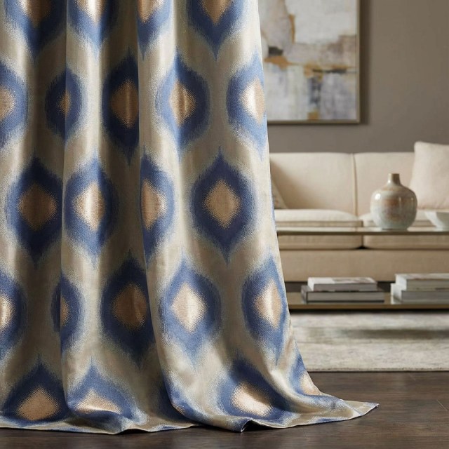 Ikat Ogee Luxury Jacquard Bleu et Or Rideaux Géométriques 1