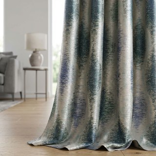 Ikat Ondulations Bleu et Turquoise Rideaux Géométriques Ogee avec Détails Argentés 2