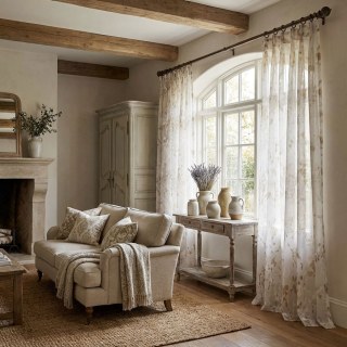 Abstraction de veil peint Aquarelle Blanc Ivoire et Rideaux de la Voile Florale Or 2