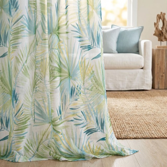 Palm Delight Feuilles Tropicales Vert Bleu Rideau Voile 1