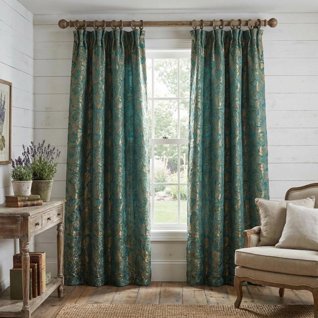 Rose Reverie Vert Foncé et Or Rideau Floral Jacquard 3D 1