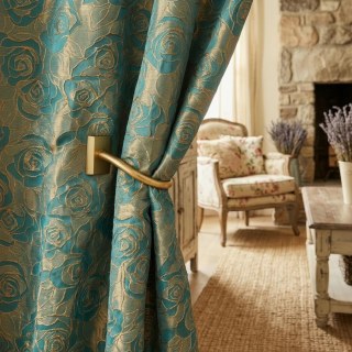 Rose Reverie Vert Foncé et Or Rideau Floral Jacquard 3D 2