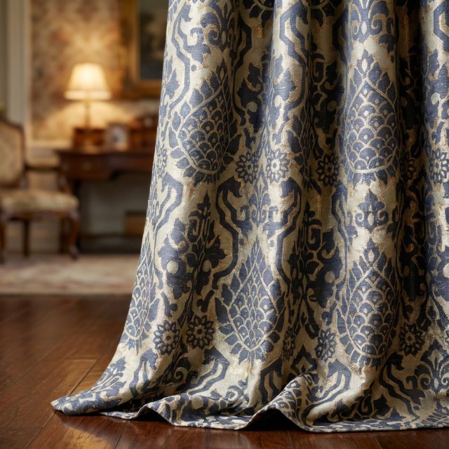 Royal Indigo Luxury Jacquard Bleu et Or Rideaux Floraux 1