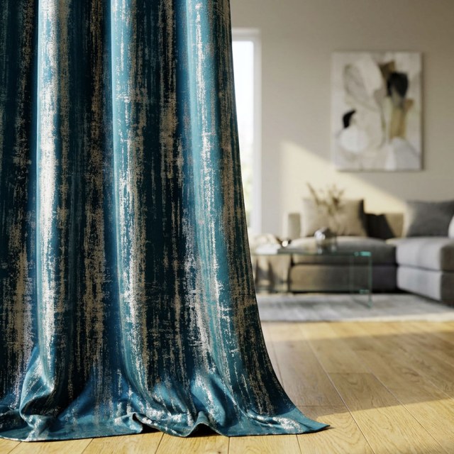 Rideaux rustiques à motifs abstraits de pluie, texturés et chatoyants, couleur turquoise 1