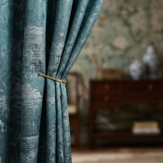 Temple Tranquility Jacquard Chinoiserie Bleu Floral Rideau 2