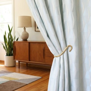 Rideaux géométriques bleu canard texturé hexagonal à capuchon blanc 2