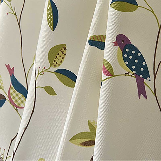 Misty Meadow Linen Style Floral and Bird Print Curtain