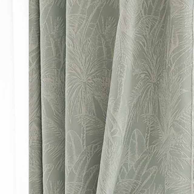 Leafy Lushness Tropical Leaves Duck Egg Pastel Green Chenille Blackout Curtains 1