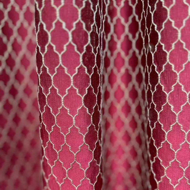 Fancy Trellis 3D Jacquard Burgundy Wine Red Arabesque Curtains with Gold Details 1
