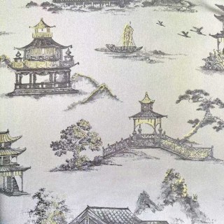 Pagoda & Junk Boat Chinoiserie Cream Satin Floral Curtain 2