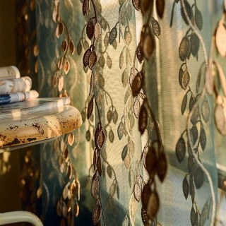 Sunlit Leaves Dark Green and Gold 3D Embroidered Voile Curtain