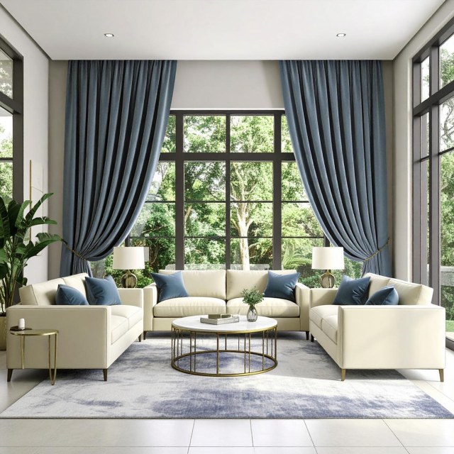 Fine Cadet Blue Velvet Curtain 1