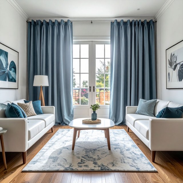 Double Plush Haze Blue Chenille Blackout Curtain 1