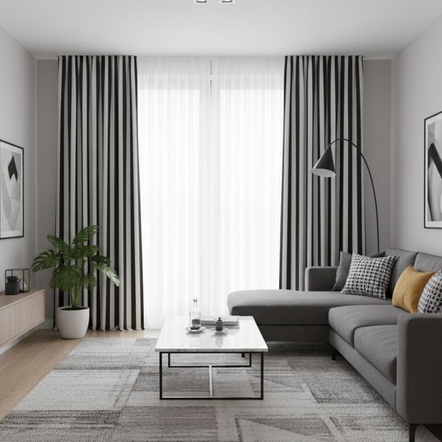 Sleek Black and White Striped Curtain 1