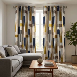Abstract Strokes Luxury Geometric Black Navy and Yellow Curtain
