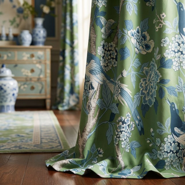Birds & Blossoms Chinoiserie Blue & Green Floral Velvet Curtain 1