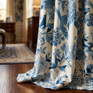 Birds & Blossoms Chinoiserie Blue Floral Velvet Curtain