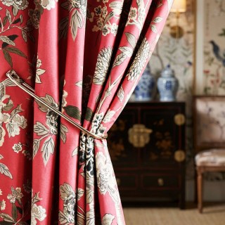 Birds & Blossoms Chinoiserie Coral Red Floral Velvet Curtain 2
