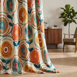 Circle Dance Multicolor Red Yellow Blue Mid Century Modern Floral Curtain