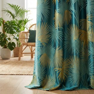 Fan Palm Silhouette Teal and Yellow Satiin Tropical Leaves Curtain