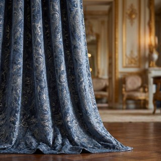 Heritage Luxury Blue Gilded Damask Velvet Curtain