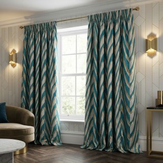 Ocean Wave Elegance Teal and Gold Art Deco Geometric Curtains 4
