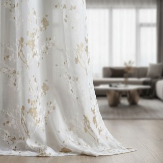Painted Veil Abstract Watercolour Ivory White and Gold Floral Voile Curtains