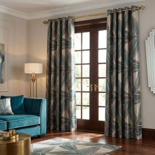 Prism Axis Teal and Gold Geometric Art Deco Curtains 3