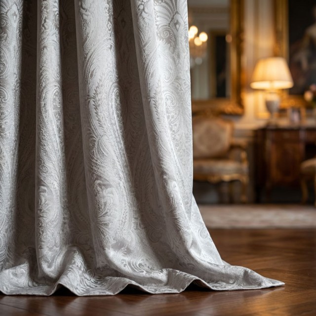 Royal Mirage Cream Taupe Damask Velvet Curtain 1