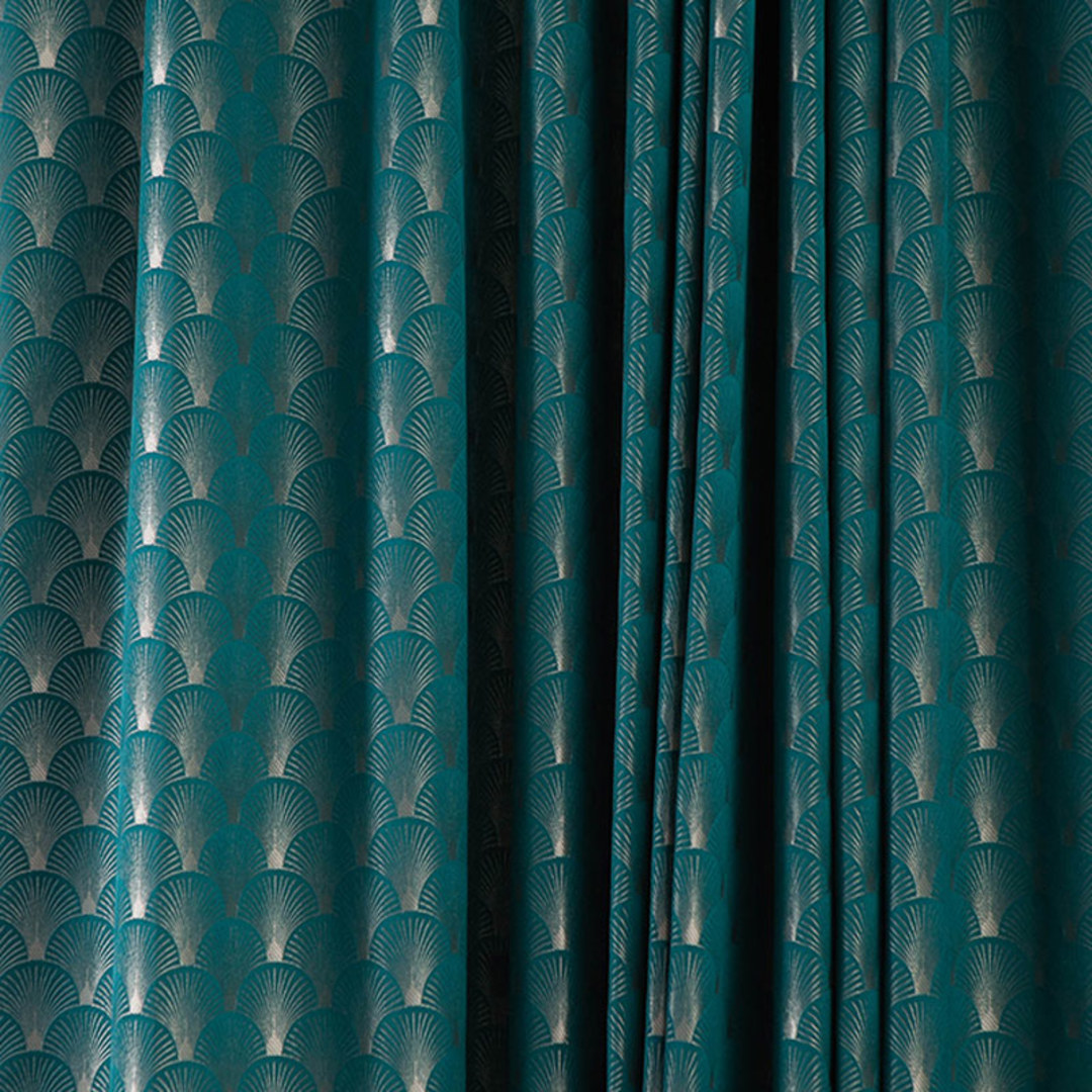 The Roaring Twenties Luxury Art Deco Shell Patterned Teal & Silver Curtain