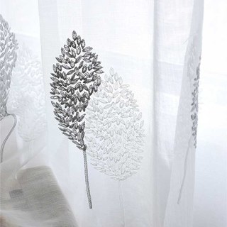 Banyan Leaves Embroidered Grey & White Voile Curtain 5