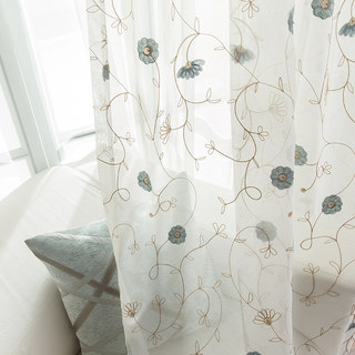 Floral Affairs Blue Gold Flower Embroidered Voile Curtain 1