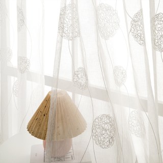 Dancing Pom Pom Embroidered Ivory White Voile Curtain