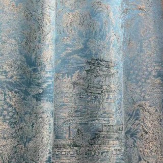 Temple Tranquility Jacquard Chinoiserie Blue Floral Curtain