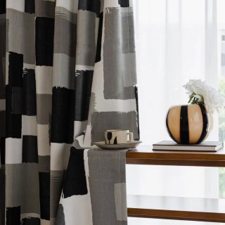 Urban Grid Monochrome Black White and Grey Chenille Geometric Curtain