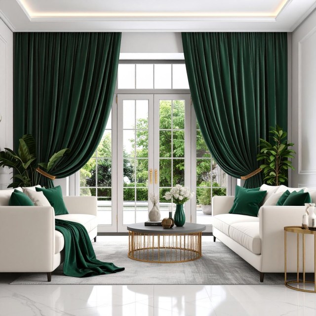 Premium Deep Forest Emerald Green Velvet Curtain 1