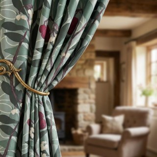 Arbutus Red Berries William Morris Green Floral Velvet Curtain 2