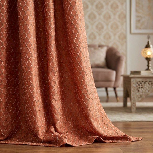 Fancy Trellis 3D Jacquard Orange Arabesque Curtains with Gold Details 1