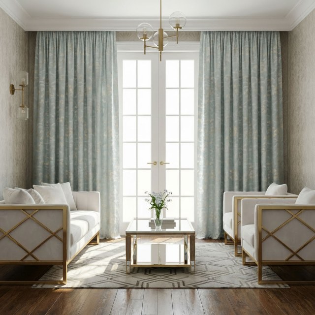 Fluttering Fanburst Art Deco Geometric Pastel Sage Duck Egg Green Curtains 1