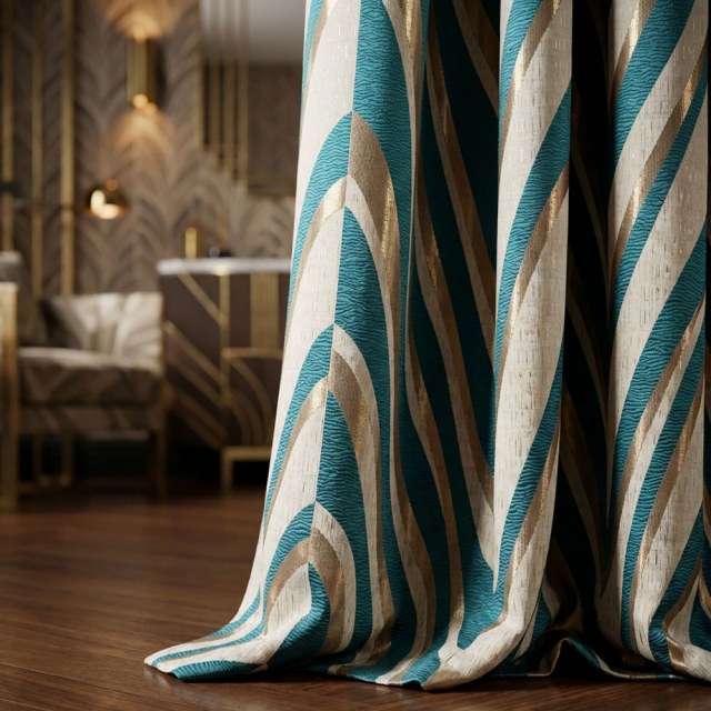Ocean Wave Elegance Teal and Gold Art Deco Geometric Curtains 1