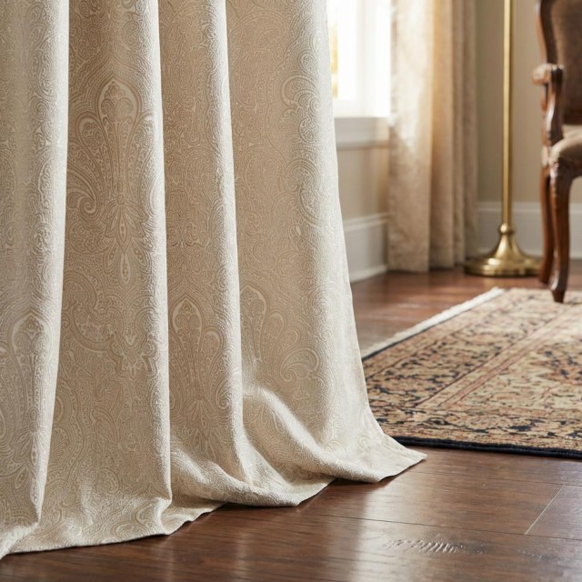 Opulent Floral Luxury Jacquard Satiny Beige Cream Damask Curtain 1