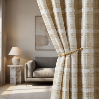 Palais Aurum Cream Gold Checked Plaid Curtains 2