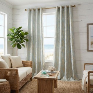 Palm Elegance Pastel Blue and Gold Tropical Curtains 3