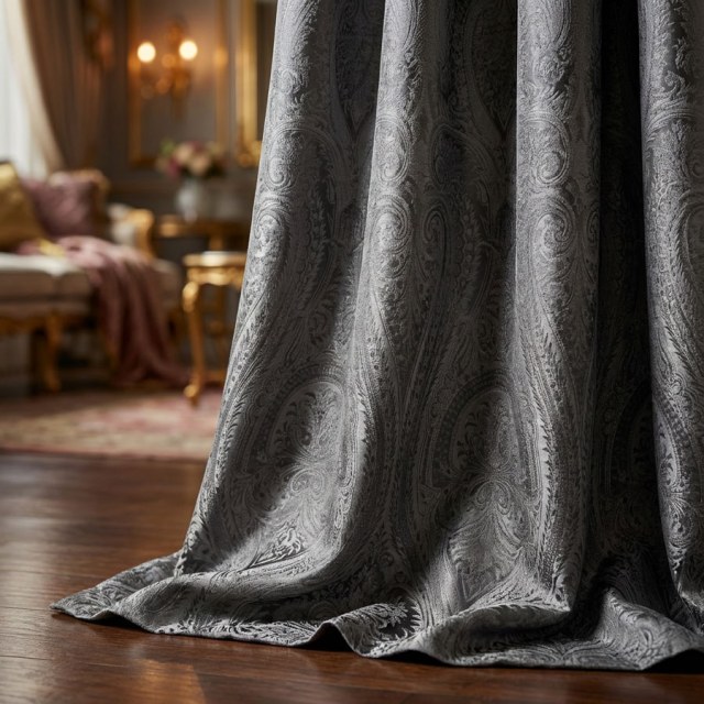Royal Mirage Jacquard Charcoal Gray Damask Velvet Curtain 1