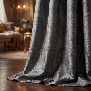 Royal Mirage Jacquard Charcoal Gray Damask Velvet Curtain