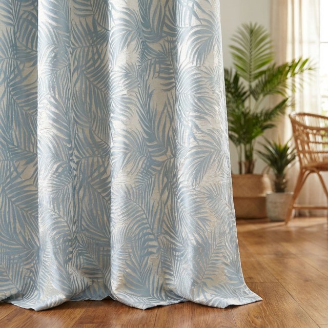 Tropical Bliss 3D Jacquard Blue and Cream Palm Leaves Curtain 1